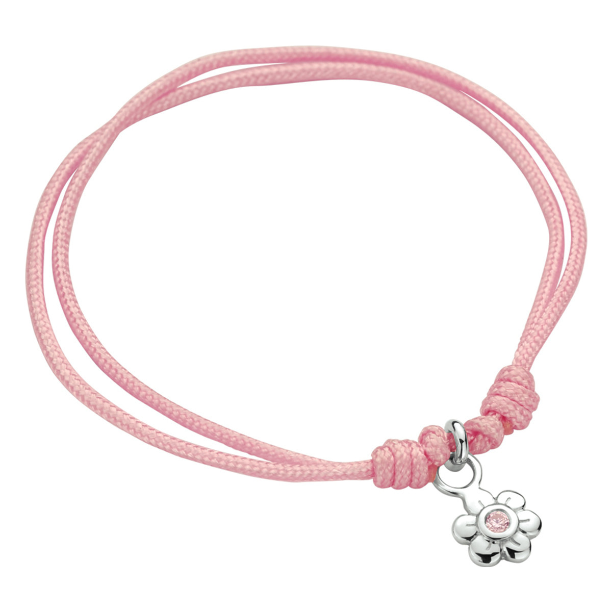 Roze gevlochten kinderarmband met bloemetje en roze zirkonia - Lengte 9 - 19 cm