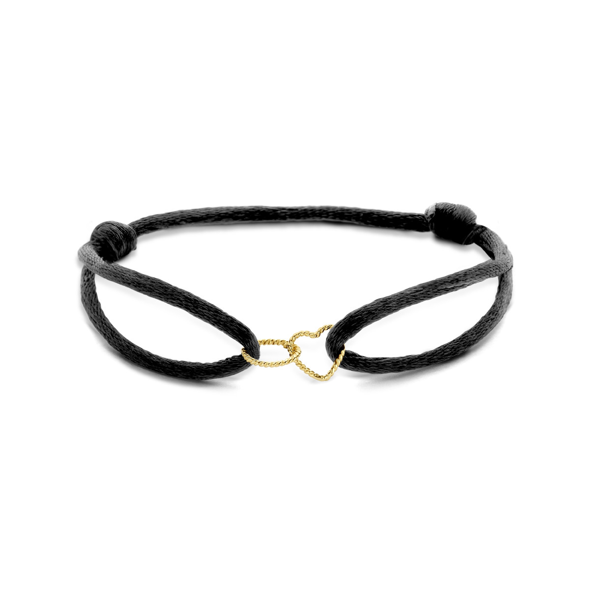 Satijnen armband met een gouden hartje en rondje gedraaid - Lengte 13 tot 26 cm
