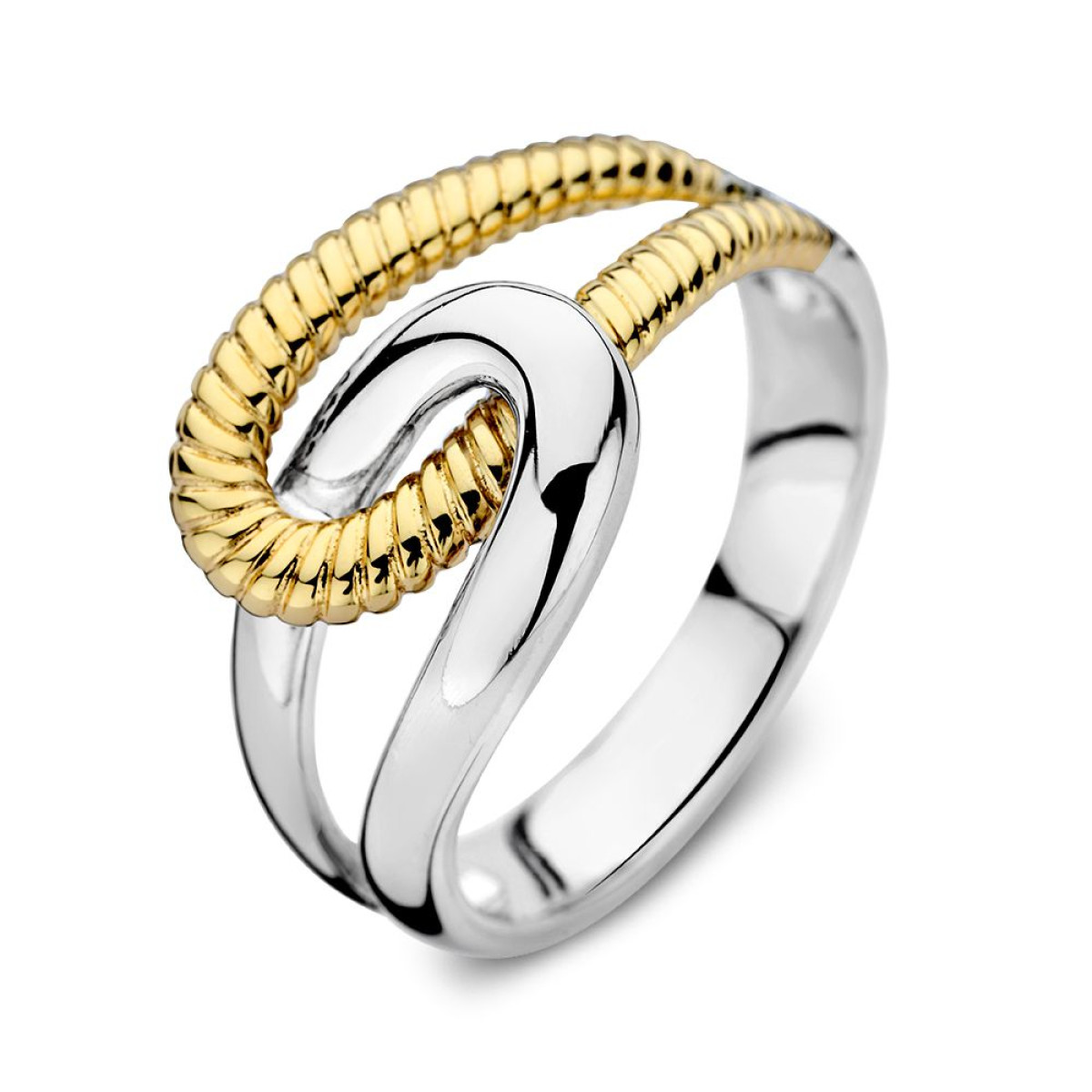 Schakelring met zilveren en gedraaide gouden schakel van 12 mm breed