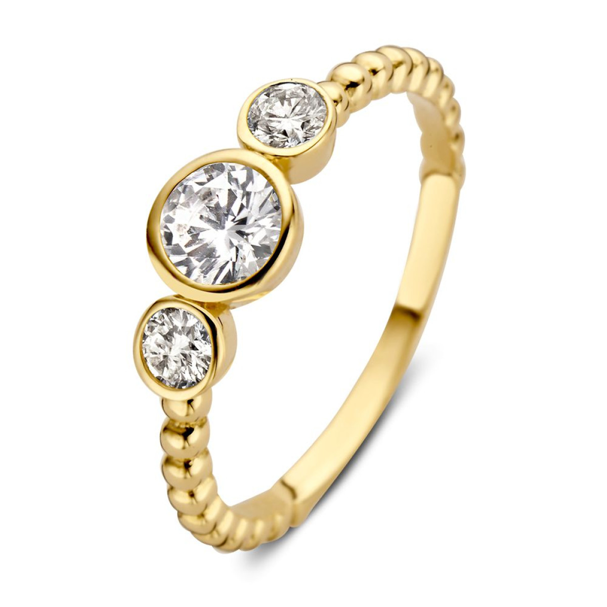 Schakelring van goud met drie zirkonia stenen 6 mm breed