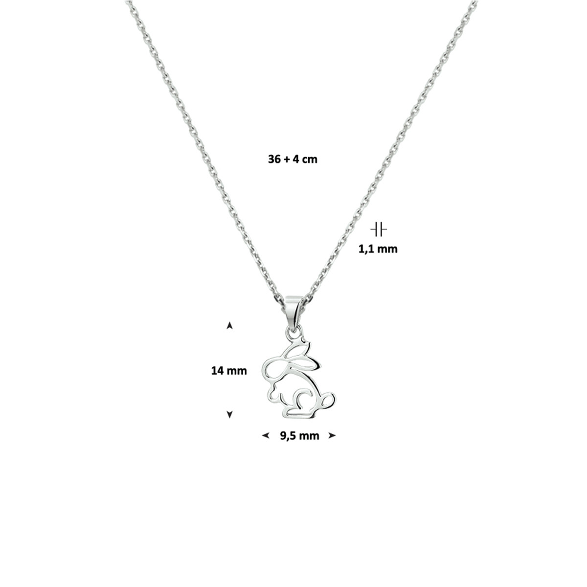 Schattige zilveren kinderkettting met konijn - Lengte 36 + 4 cm