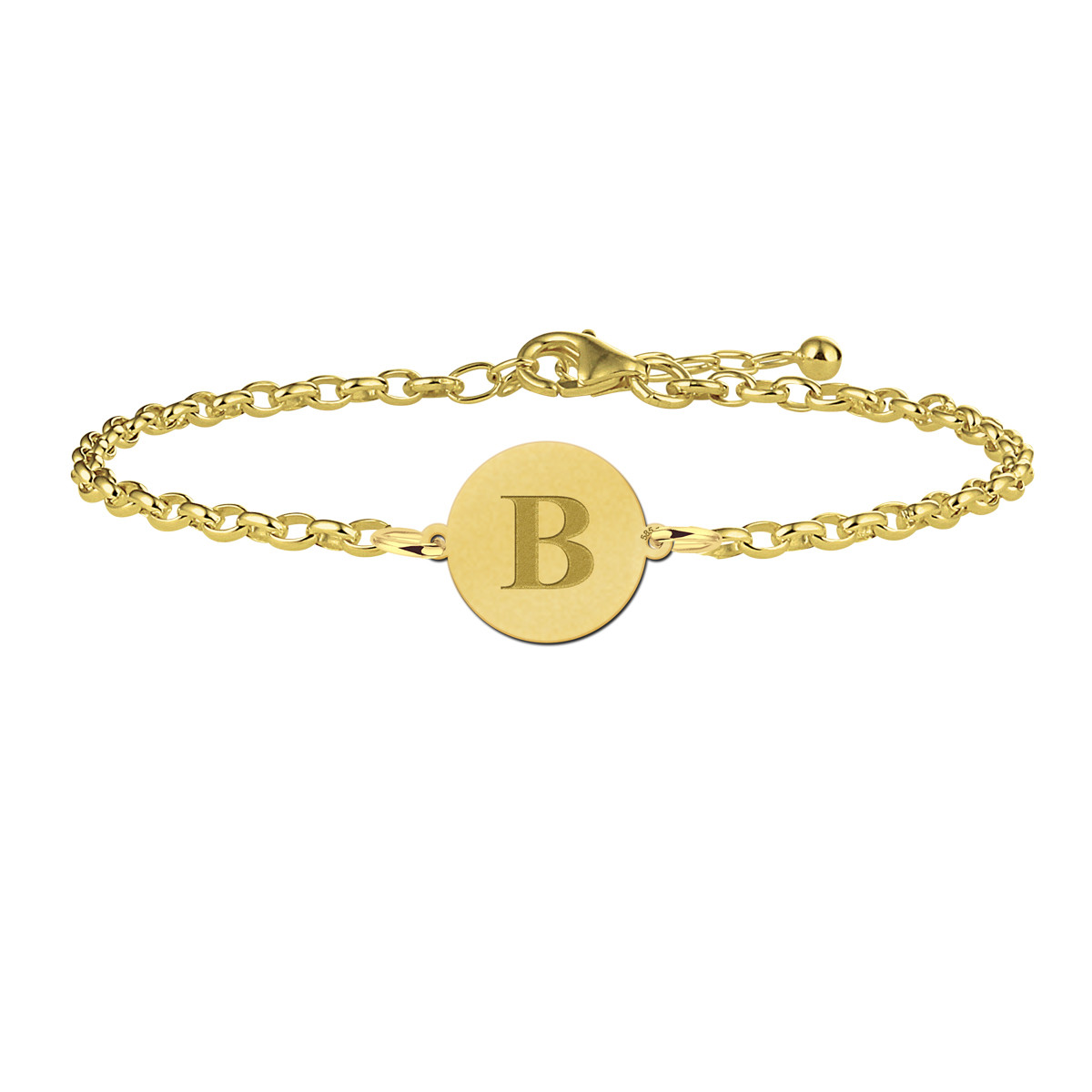 Gouden armband met ronde hanger en gegraveerde letter