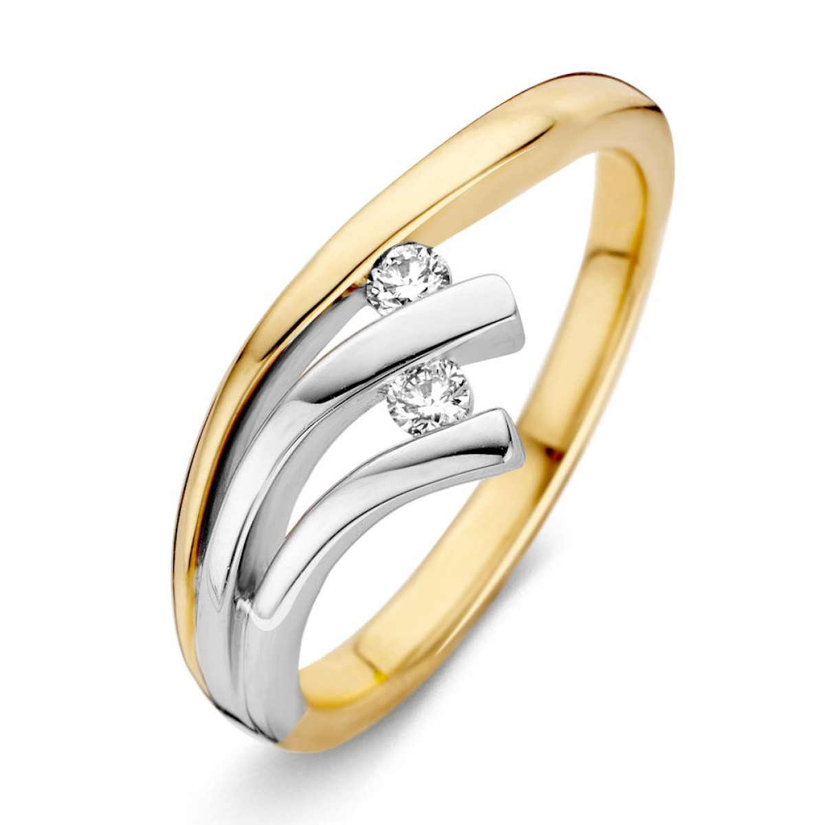 Sierlijke bicolor ring met diamanten in spanzetting 0.10 crt.
