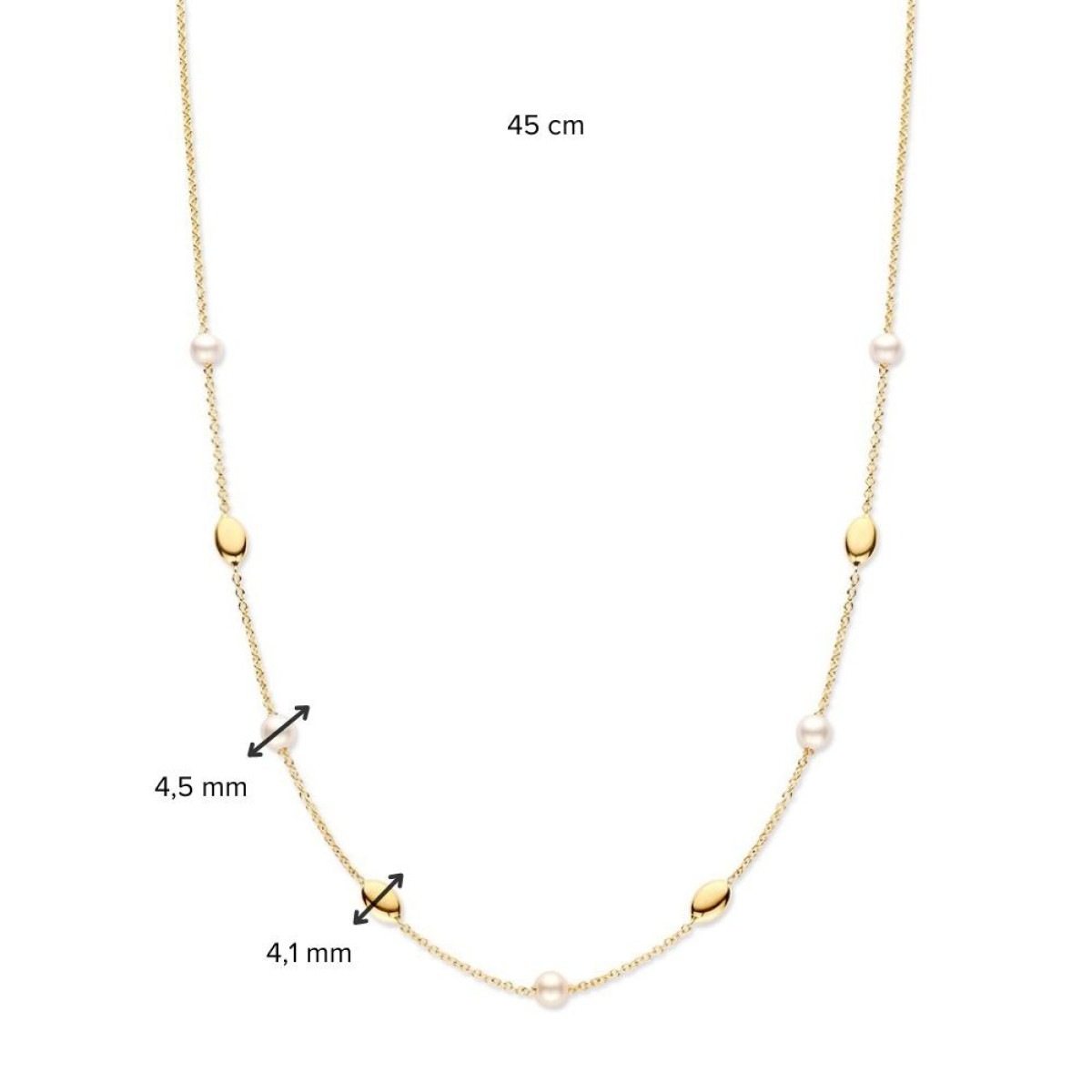 Sierlijke gouden kettting met ovaaltjes en witte parels - Lengte 45 cm