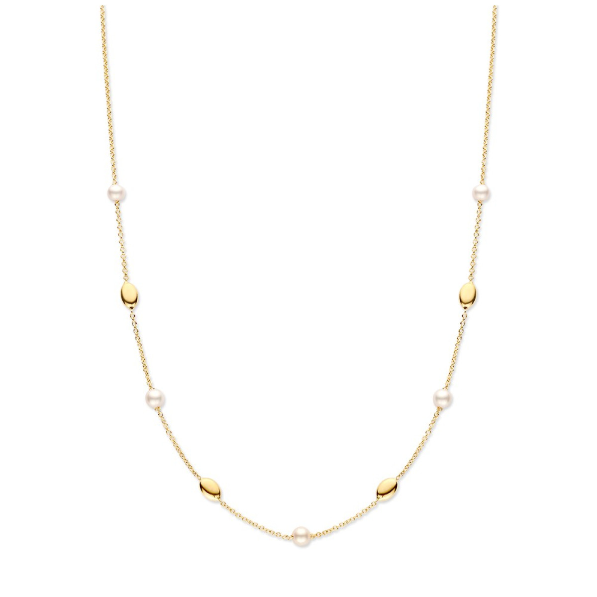 Sierlijke gouden kettting met ovaaltjes en witte parels - Lengte 45 cm