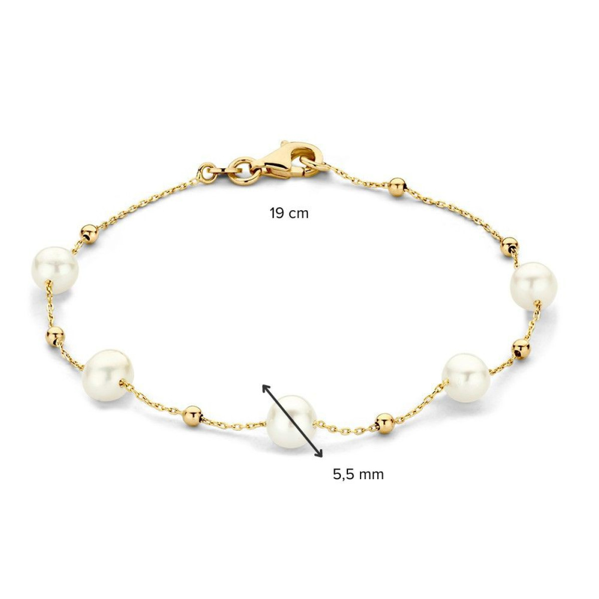Sierlijke schakelarmband van goud met bolletjes en parels - Lengte 19 cm