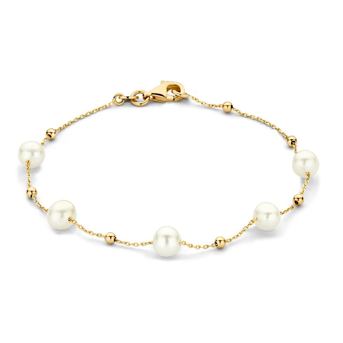 Sierlijke schakelarmband van goud met bolletjes en parels - Lengte 19 cm