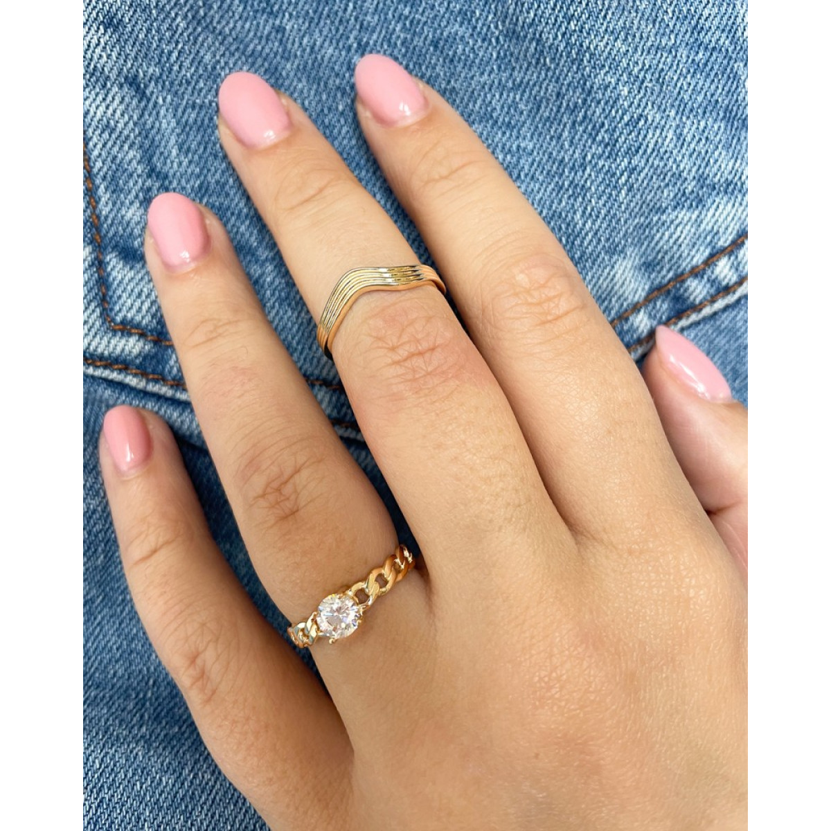 Solitair ring van goud met zirkonia en gourmet schakels van 5.5 mm breed