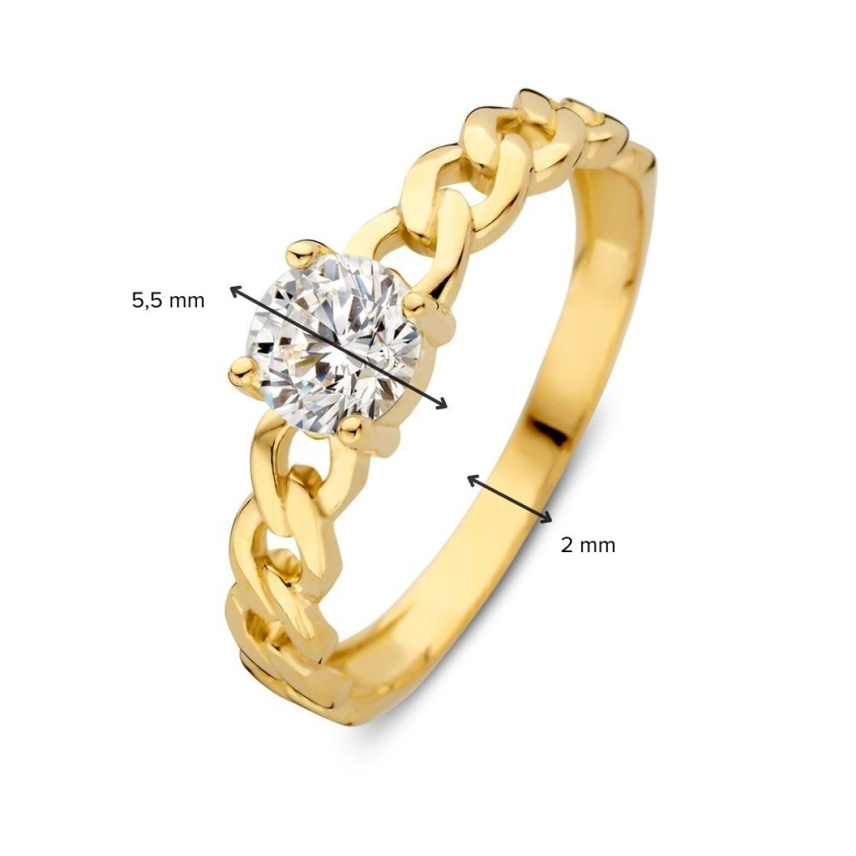 Solitair ring van goud met zirkonia en gourmet schakels van 5.5 mm breed