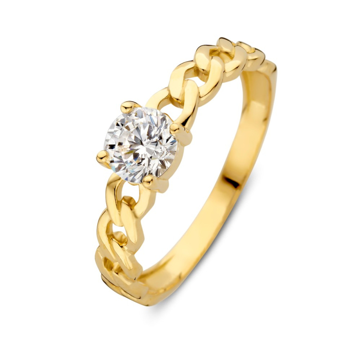Solitair ring van goud met zirkonia en gourmet schakels van 5.5 mm breed