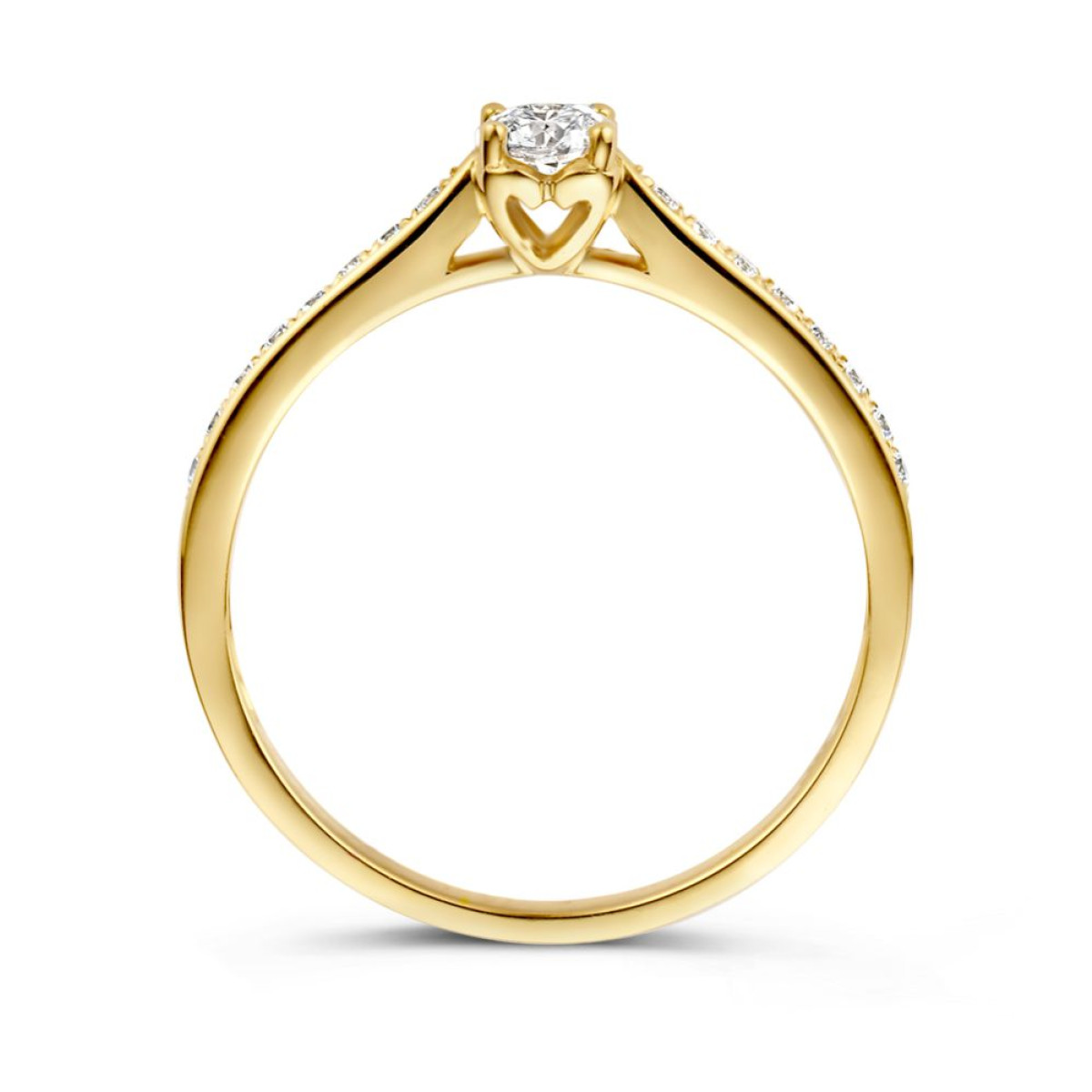 Solitaire ring van goud met zirkonia in hartjes zetting en zijstenen