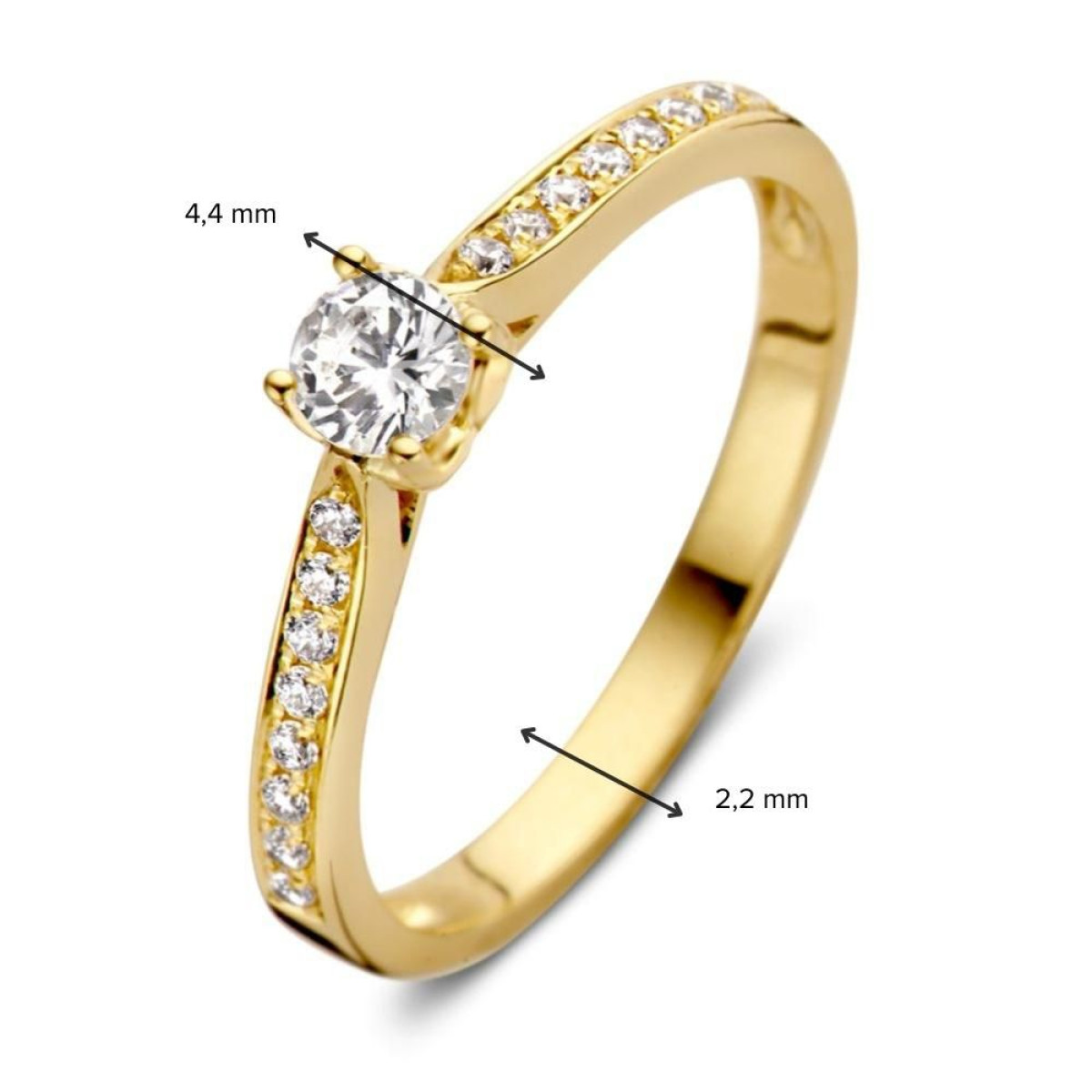 Solitaire ring van goud met zirkonia in hartjes zetting en zijstenen