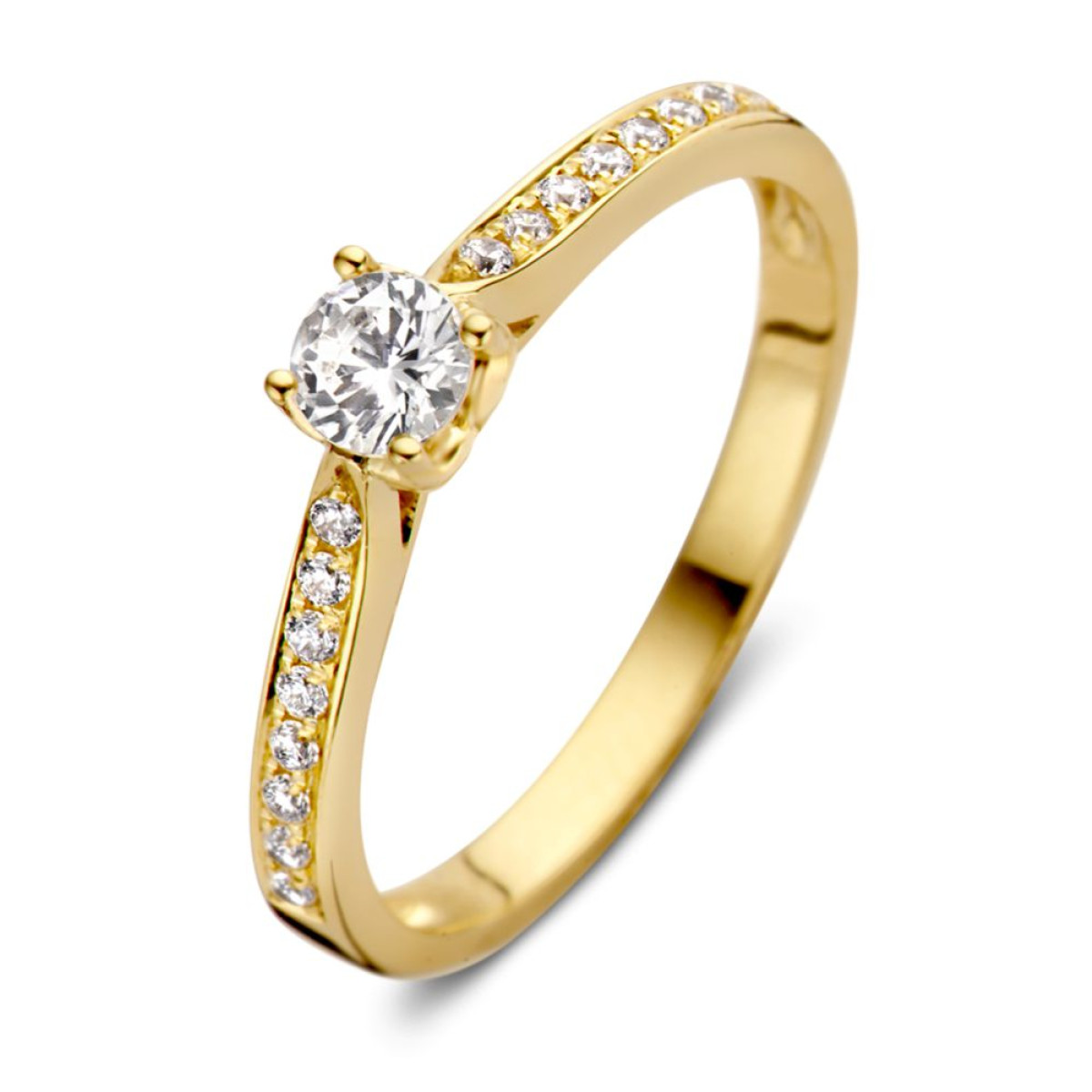 Solitaire ring van goud met zirkonia in hartjes zetting en zijstenen