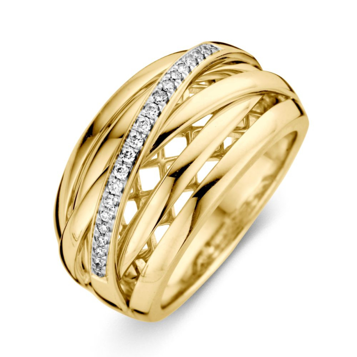 Spaghetti ring met uniek design en diamant 0.12 crt.