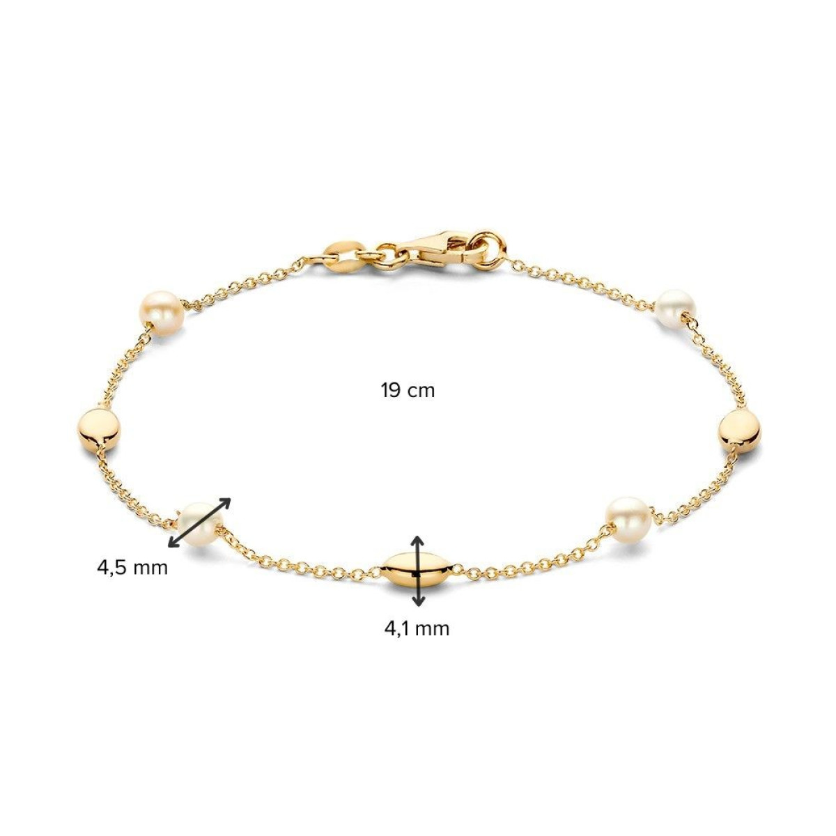 Stijlvolle 14-karaat gouden armband met ovaaltjes en witte parels - Lengte 19 cm
