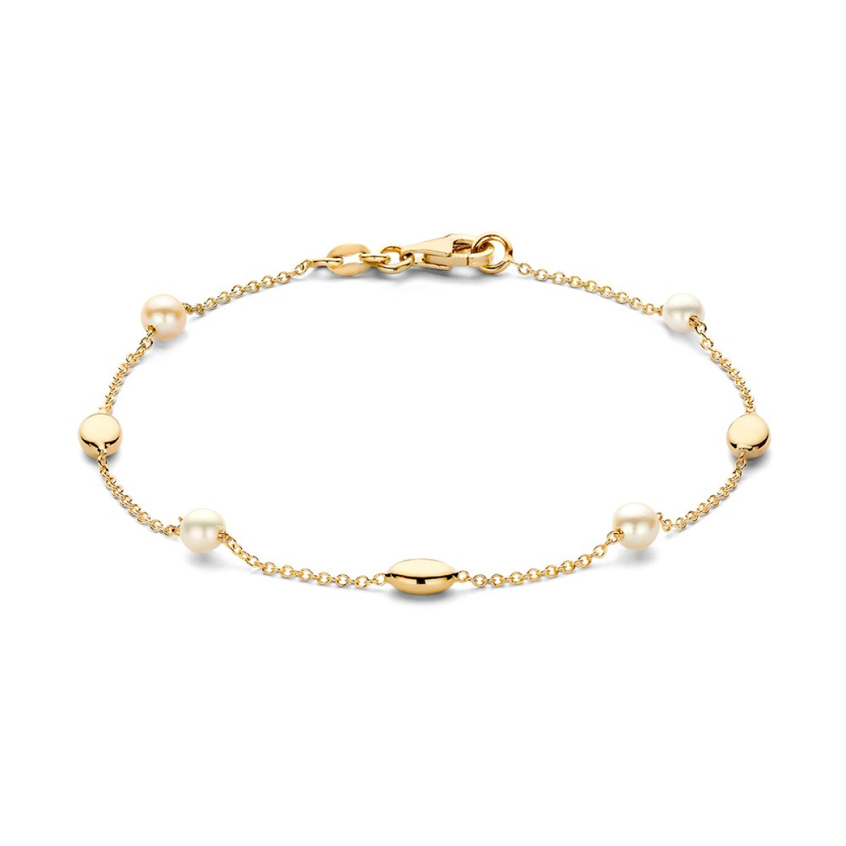 Stijlvolle 14-karaat gouden armband met ovaaltjes en witte parels - Lengte 19 cm