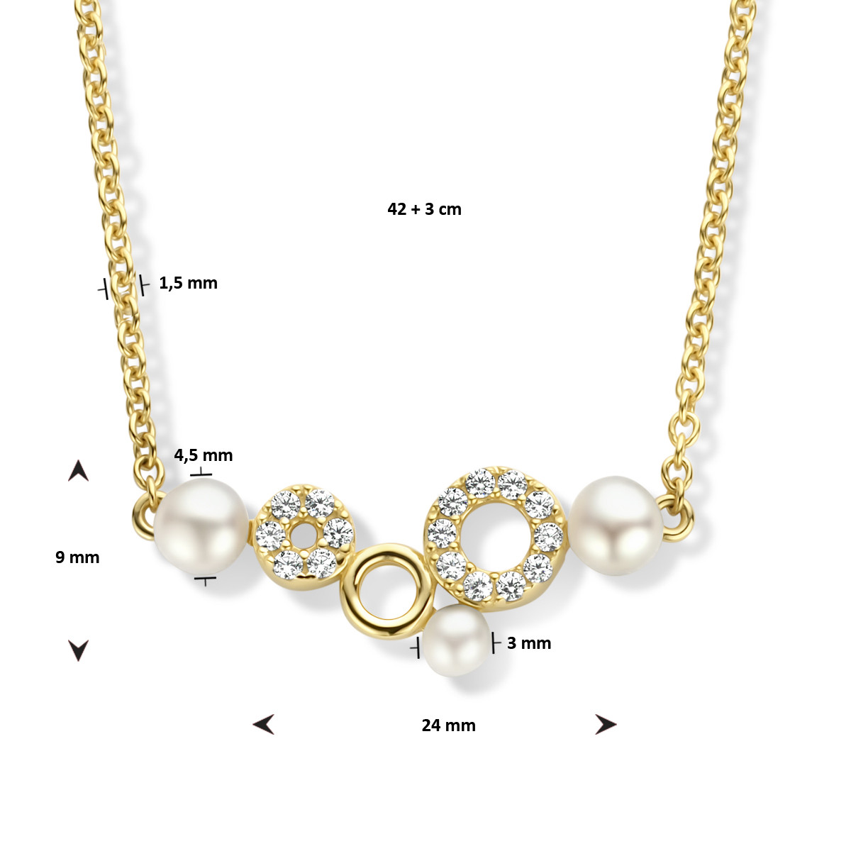 Stijlvolle gold plated ketting met zirkonia's en parels - Lengte 42 + 3 cm