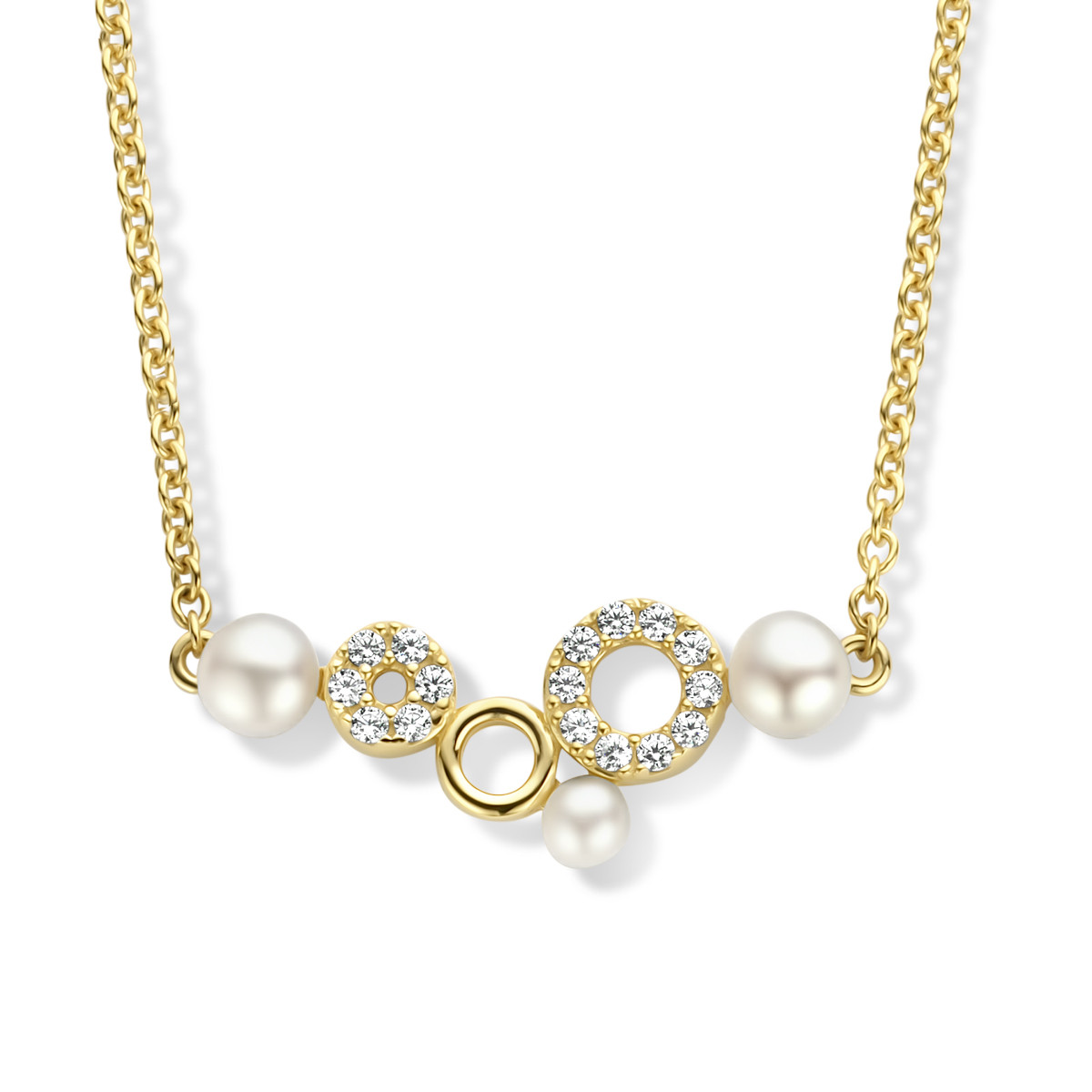 Stijlvolle gold plated ketting met zirkonia's en parels - Lengte 42 + 3 cm