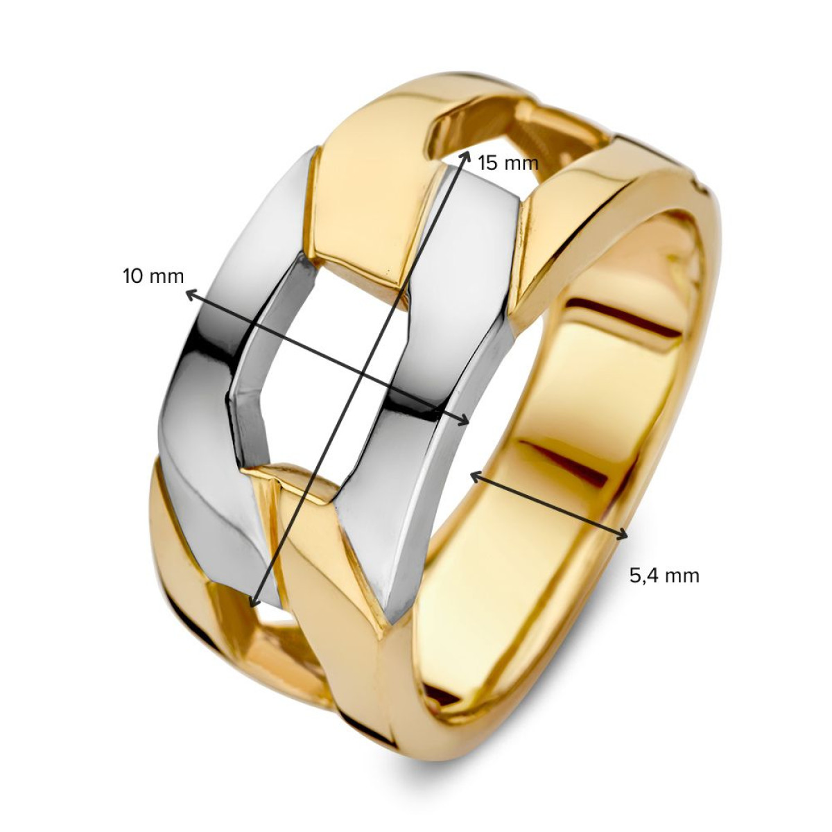 Stoere 14-karaat gouden en witgouden ring met rechthoekige schakels van 10 mm breed