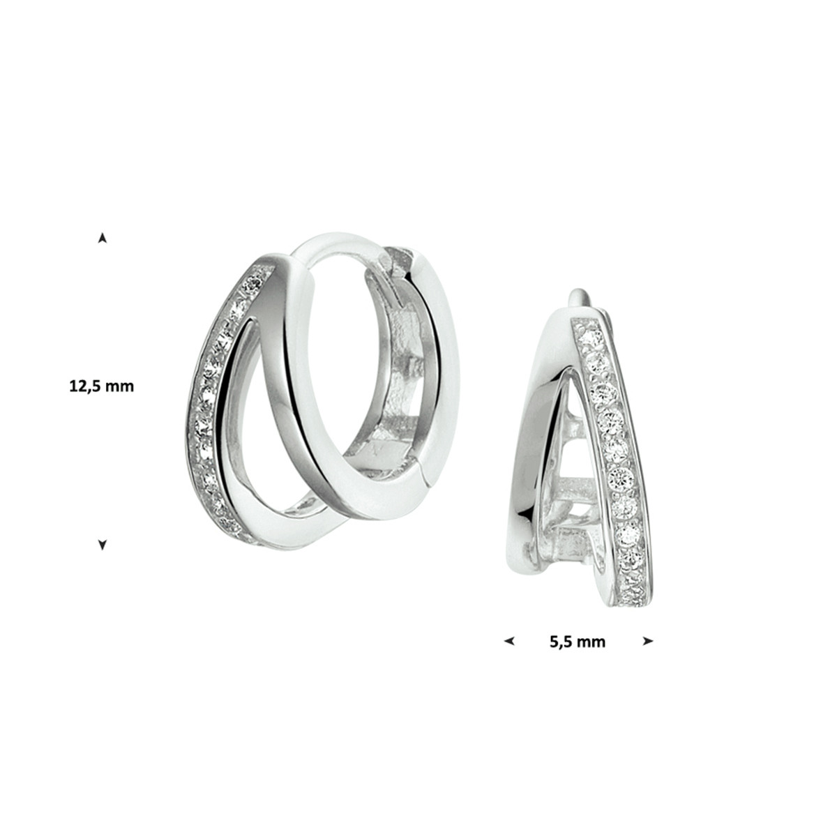Trendy klapcreolen met zirkonia zilver 12.5 mm hoog