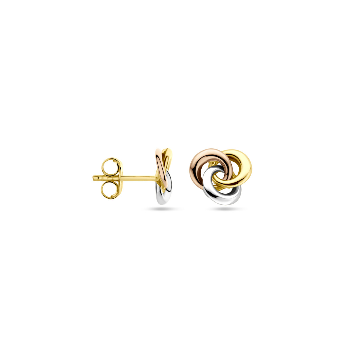Tricolor gouden knoop oorknoppen geel-, wit en roségoud - Hoogte 7.5 mm