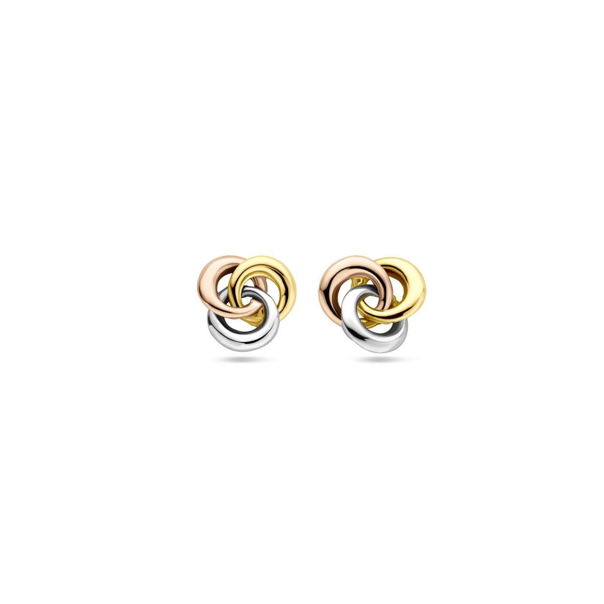 Tricolor gouden knoop oorknoppen geel-, wit en roségoud - Hoogte 7.5 mm