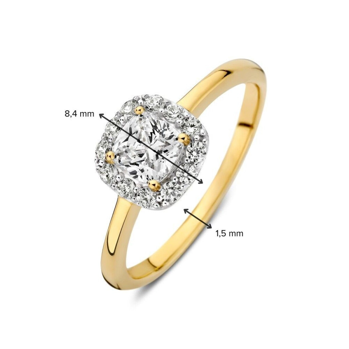 Vierkante 14-karaat gouden halo ring met zirkonia 8.4 mm breed