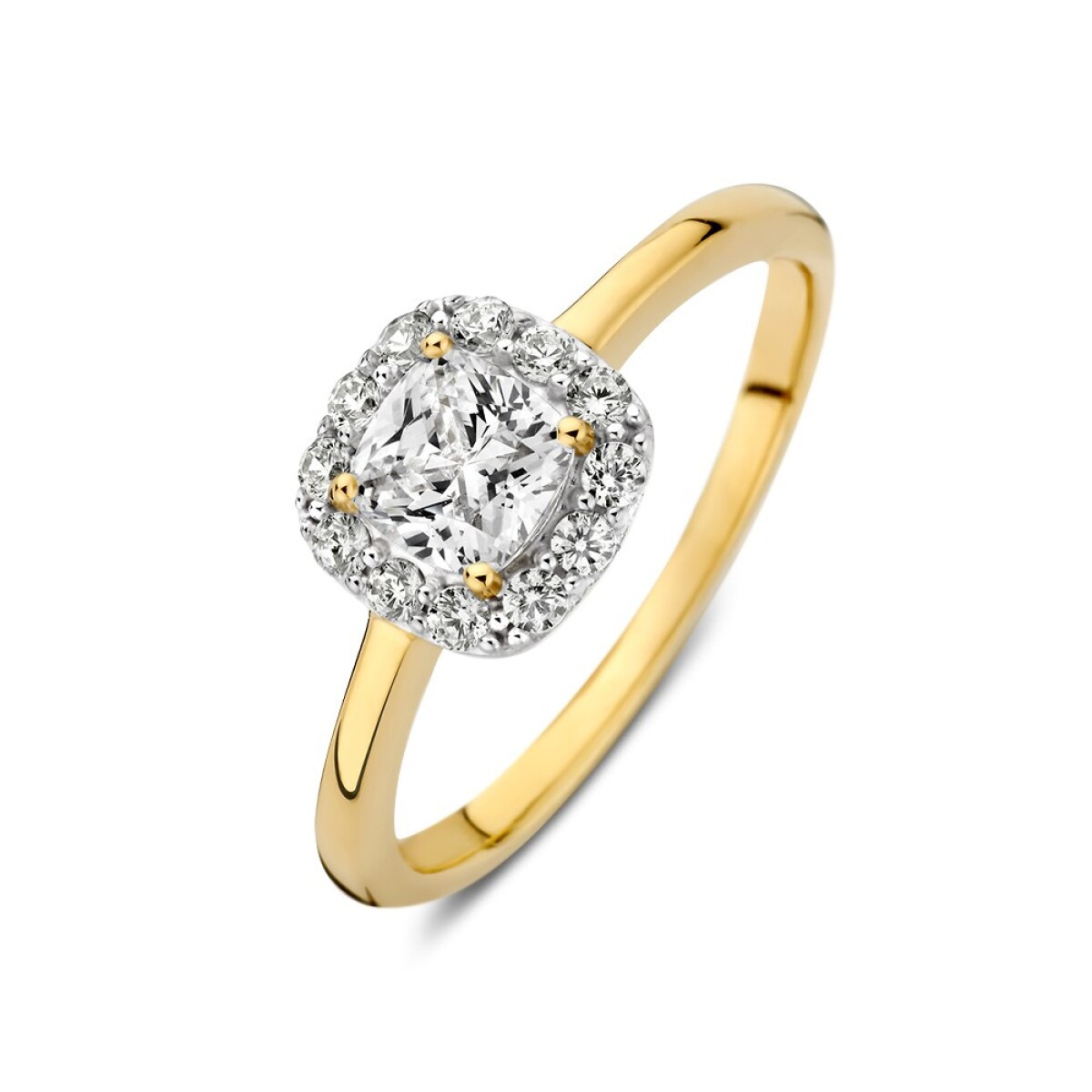 Vierkante 14-karaat gouden halo ring met zirkonia 8.4 mm breed