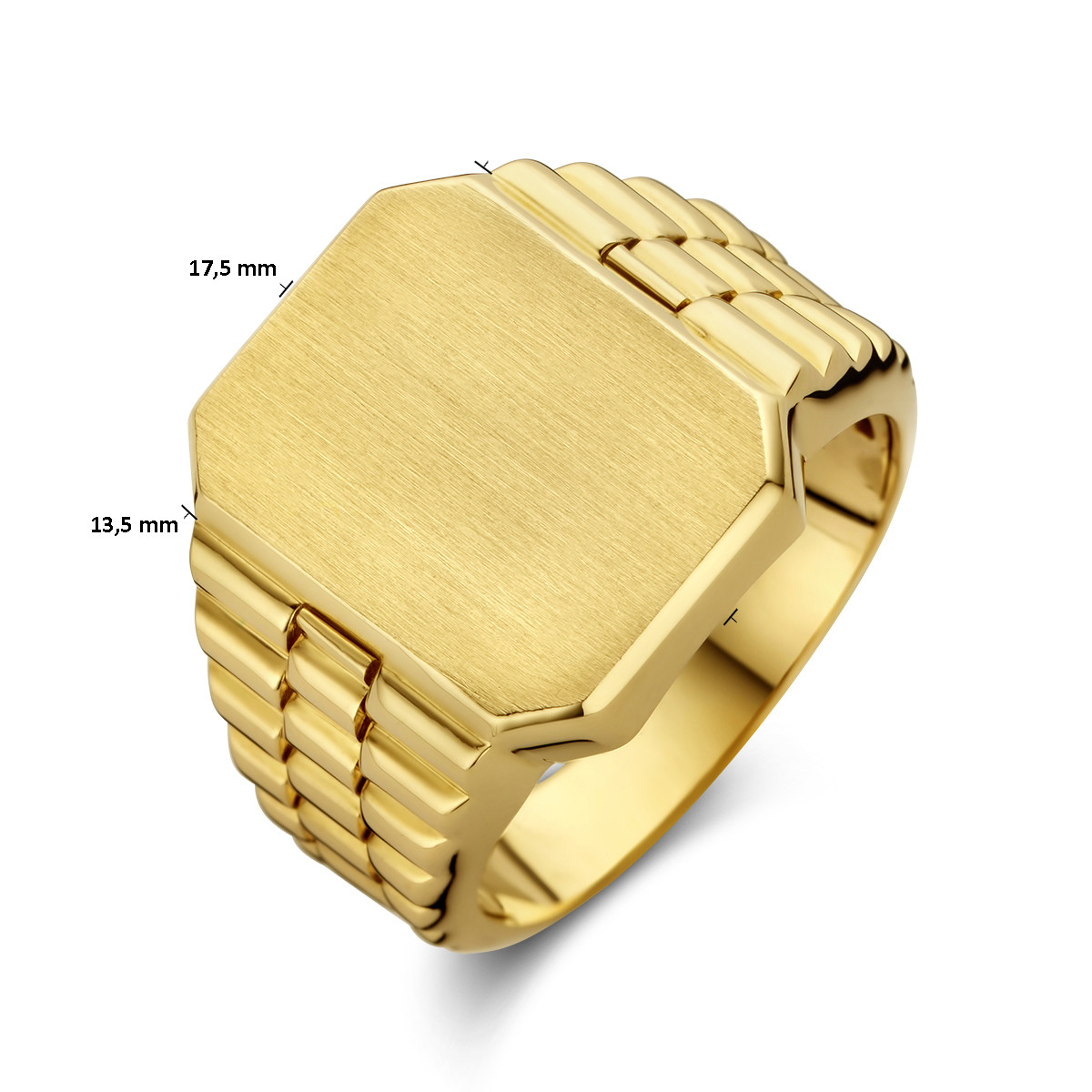 Vierkante gematteerde gouden zegelring met rolexschakels 13.5 mm x 17.5 mm