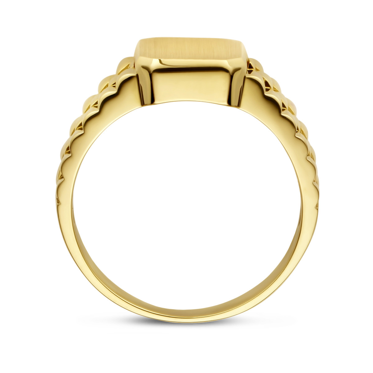 Vierkante gematteerde gouden zegelring met rolexschakels 9.5 mm x 12.5 mm