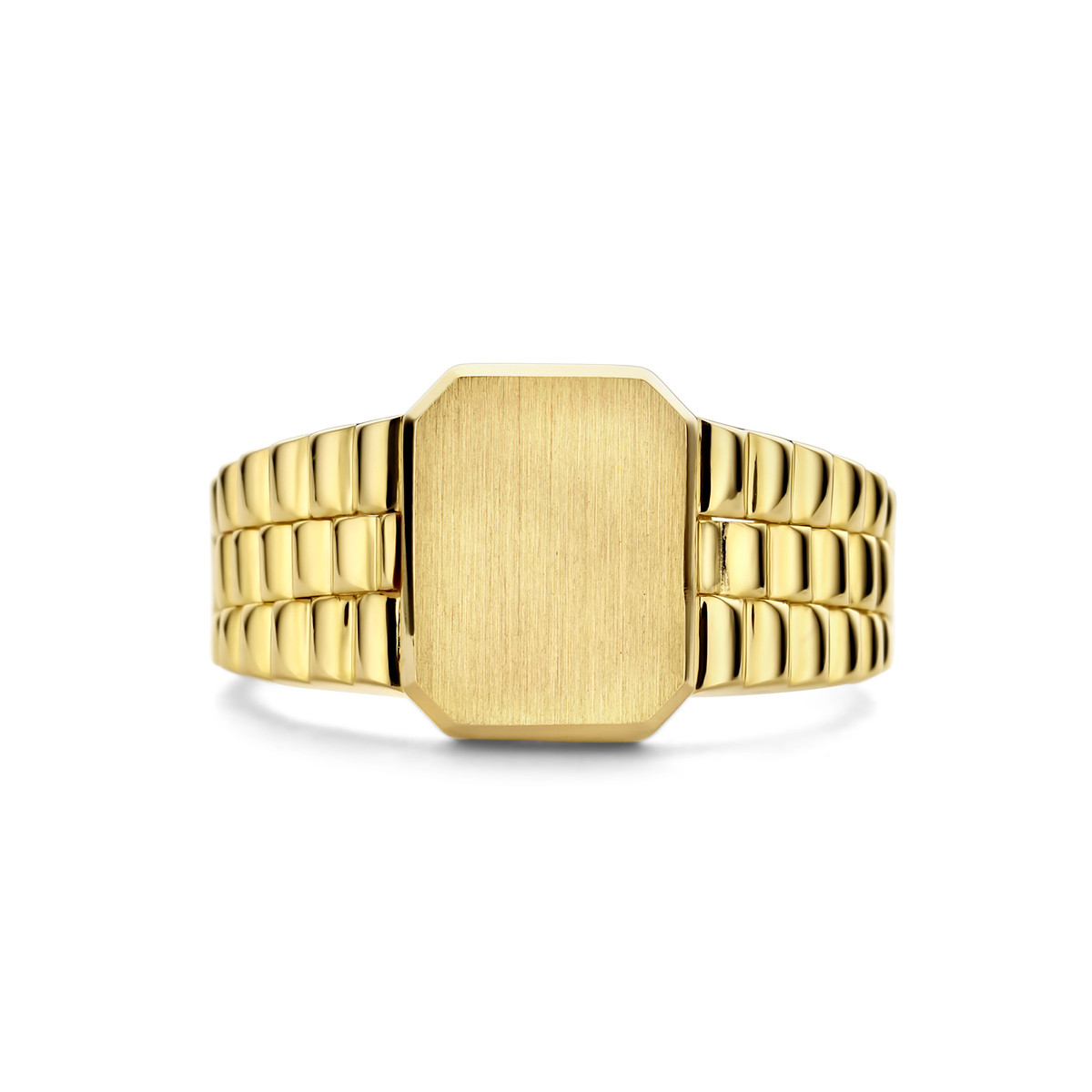 Vierkante gematteerde gouden zegelring met rolexschakels 9.5 mm x 12.5 mm
