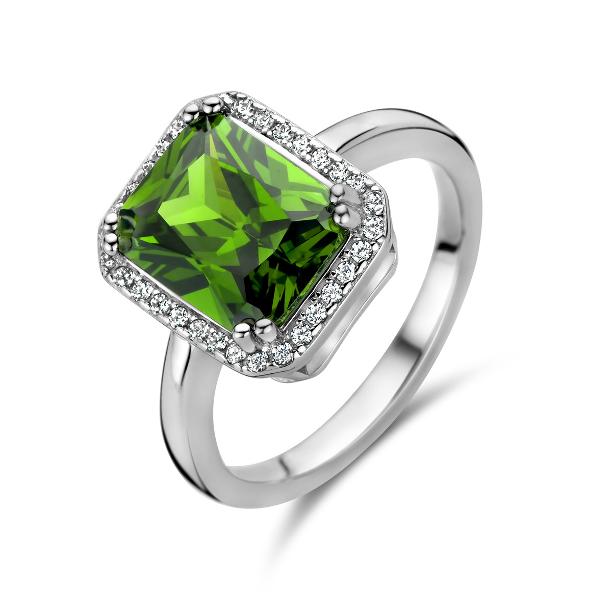 Vierkante zilveren vintage stijl ring met groene zirkonia en halo gezette zirkonia's