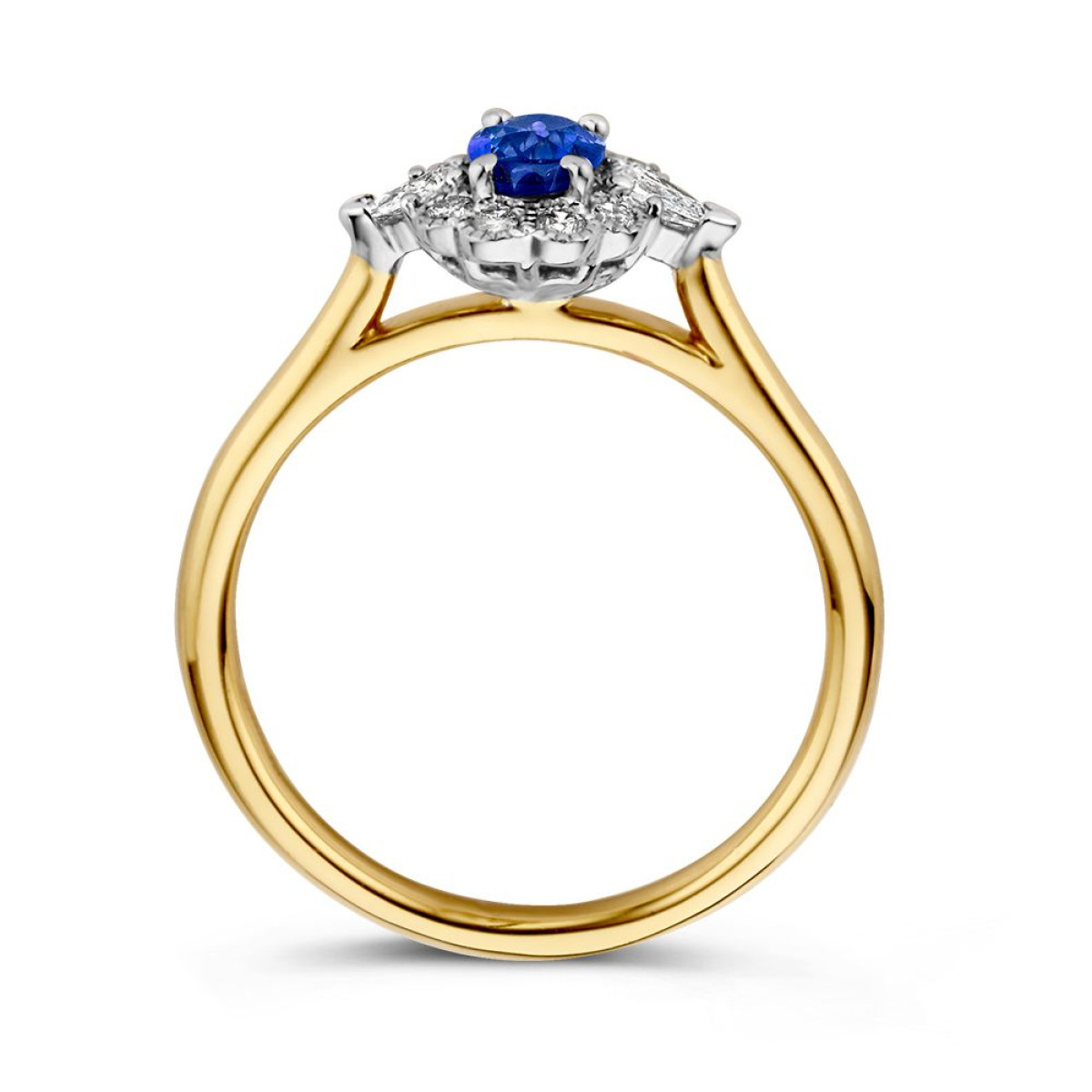 Vintage ring van goud met blauwe saffier en halo van diamanten 0.31 crt