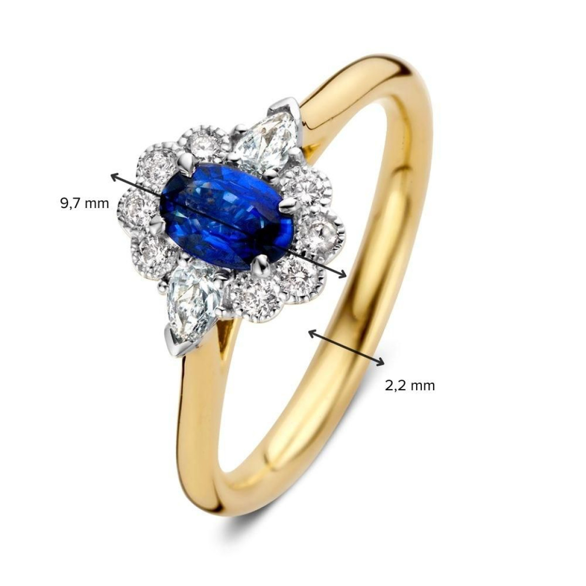 Vintage ring van goud met blauwe saffier en halo van diamanten 0.31 crt