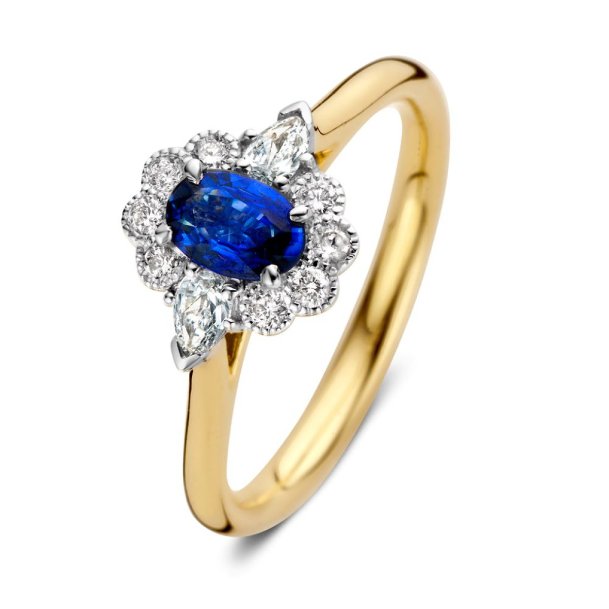 Vintage ring van goud met blauwe saffier en halo van diamanten 0.31 crt