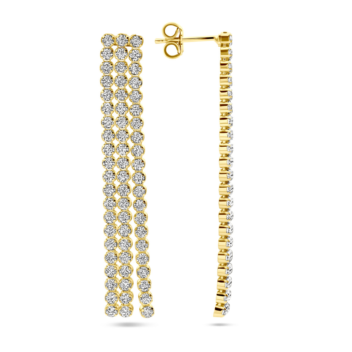 Vintage stijl gold plated oorhangers met drie rijen zirkonia - Hoogte 50 mm