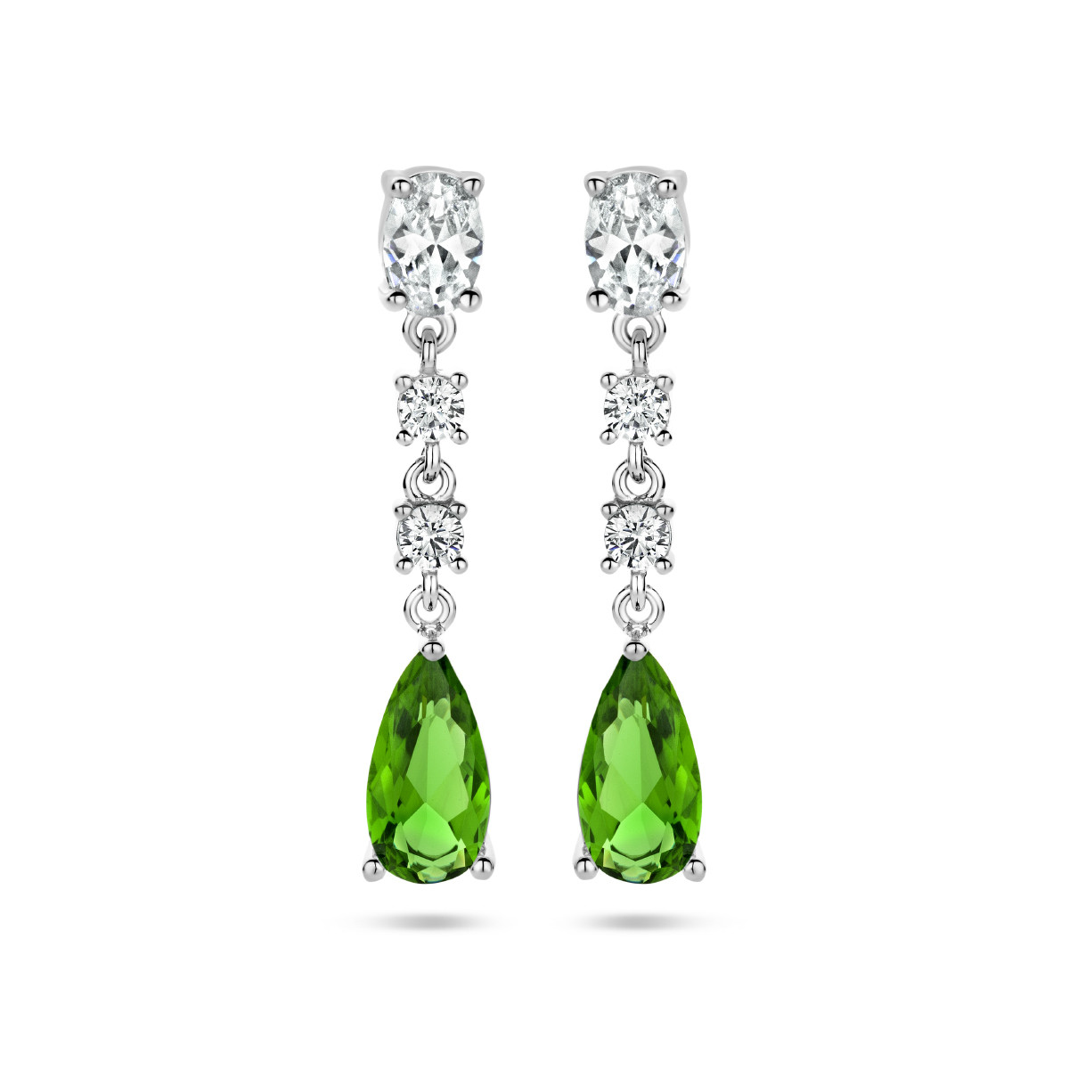Vintage stijl zilveren oorhangers met groene en transparante zirkonia's - 30 mm
