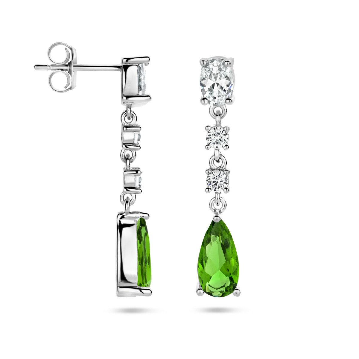 Vintage stijl zilveren oorhangers met groene en transparante zirkonia's - 30 mm