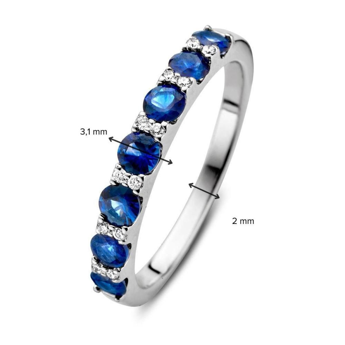 Witgouden aanschuifring met blauwe saffier en diamanten 0.06 crt van 3.1 mm breed