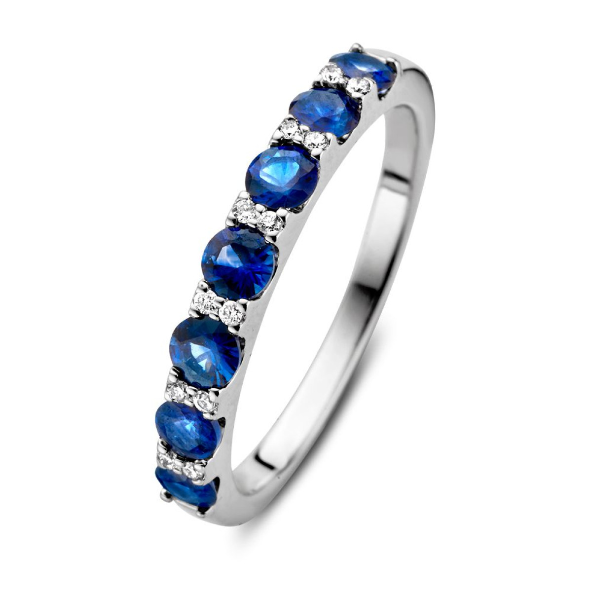 Witgouden aanschuifring met blauwe saffier en diamanten 0.06 crt van 3.1 mm breed
