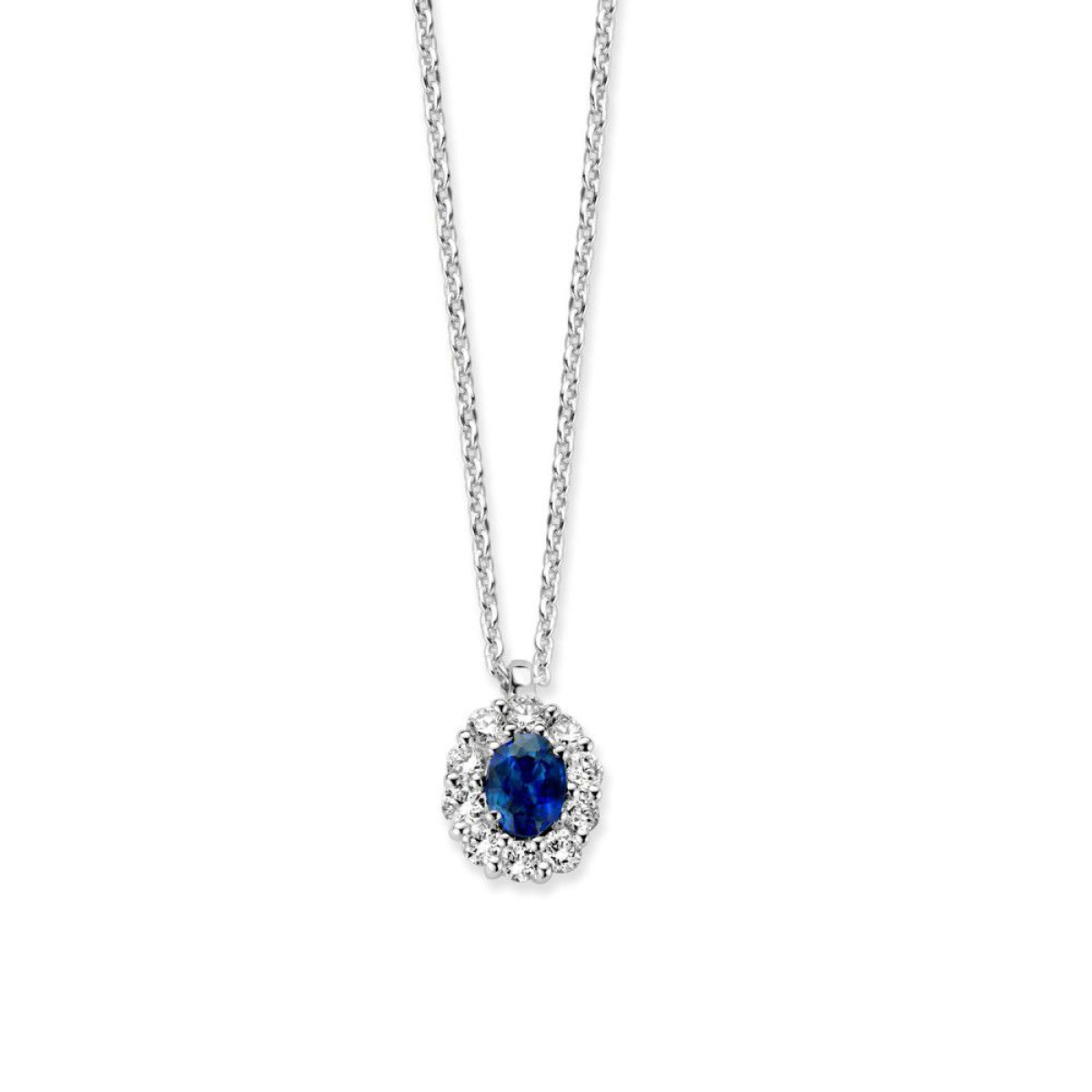 Witgouden collier entourage van saffier en diamant 0.15 crt