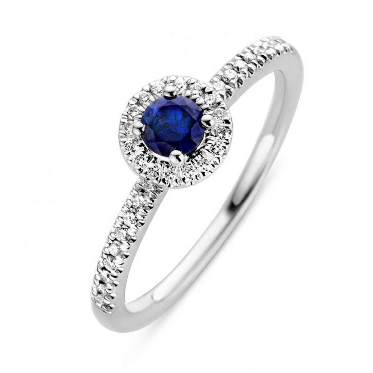 Witgouden entouragering 0.27 crt. saffier en 0.17 crt. diamant