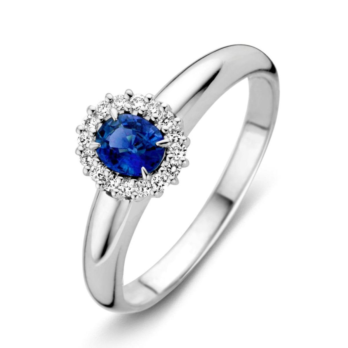 Witgouden entouragering 0.41 crt. saffier en 0.10 crt. diamant