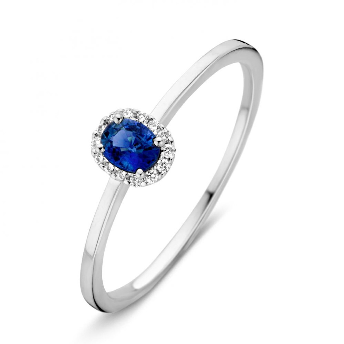 Witgouden entouragering met 0.24 crt. saffier en diamant