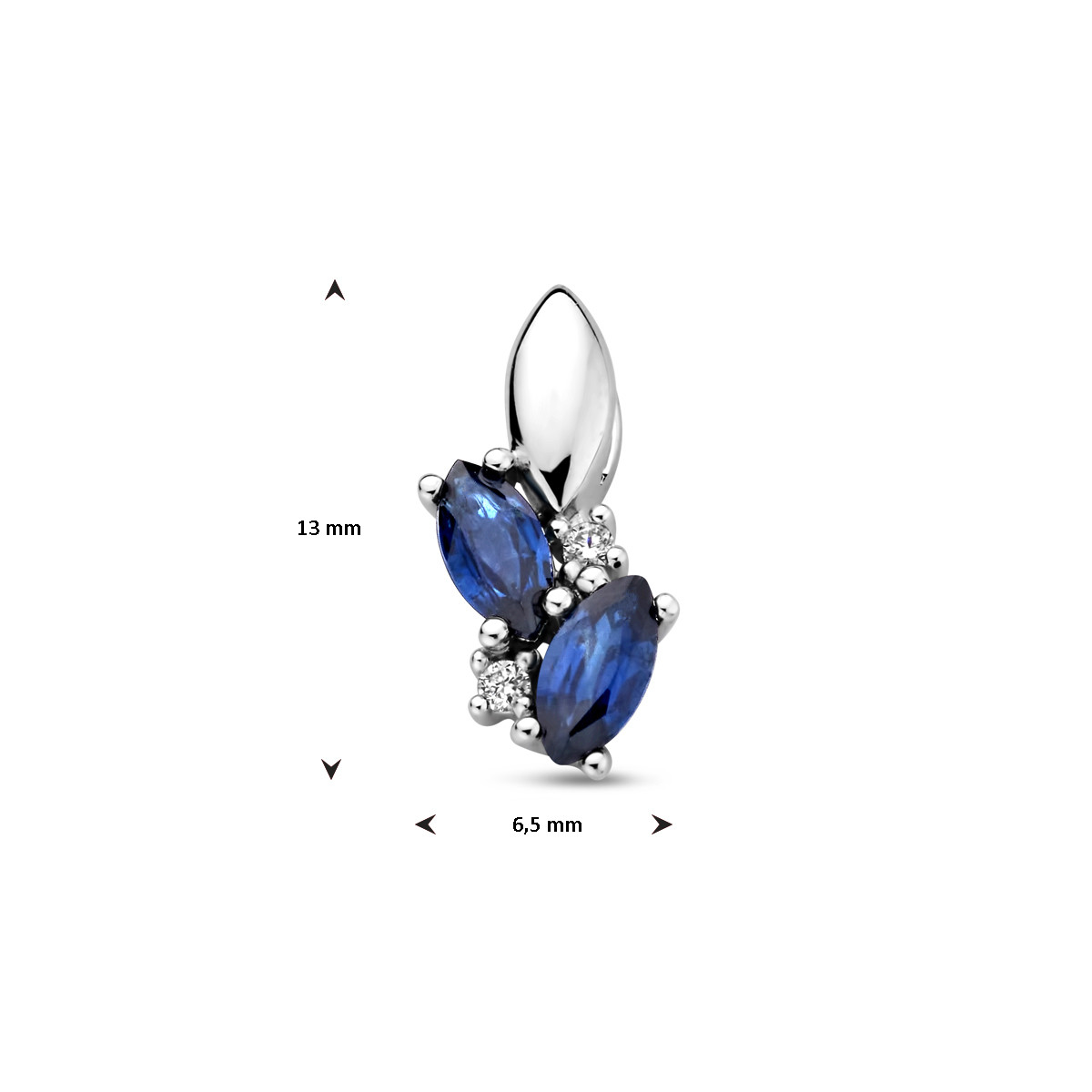 Witgouden hanger met blauwe saffier en diamant 0.02 crt - 6.5 mm x 13 mm