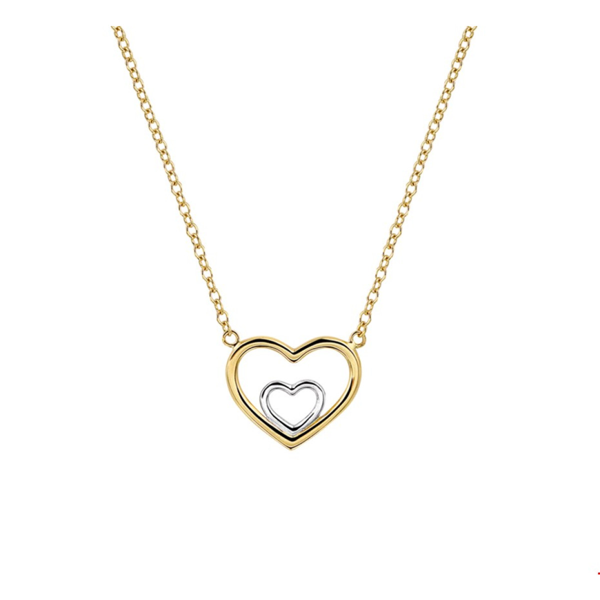 Witgouden hartje in gouden hart met ketting 40-44 cm
