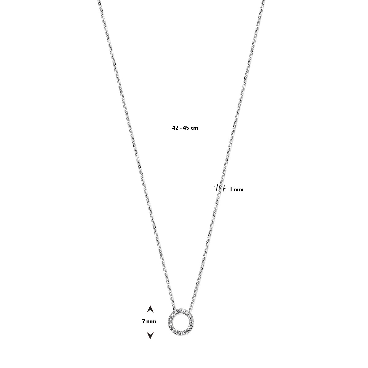 Witgouden ketting met open cirkel met diamant 0.08 crt - Lengte 42-45 cm