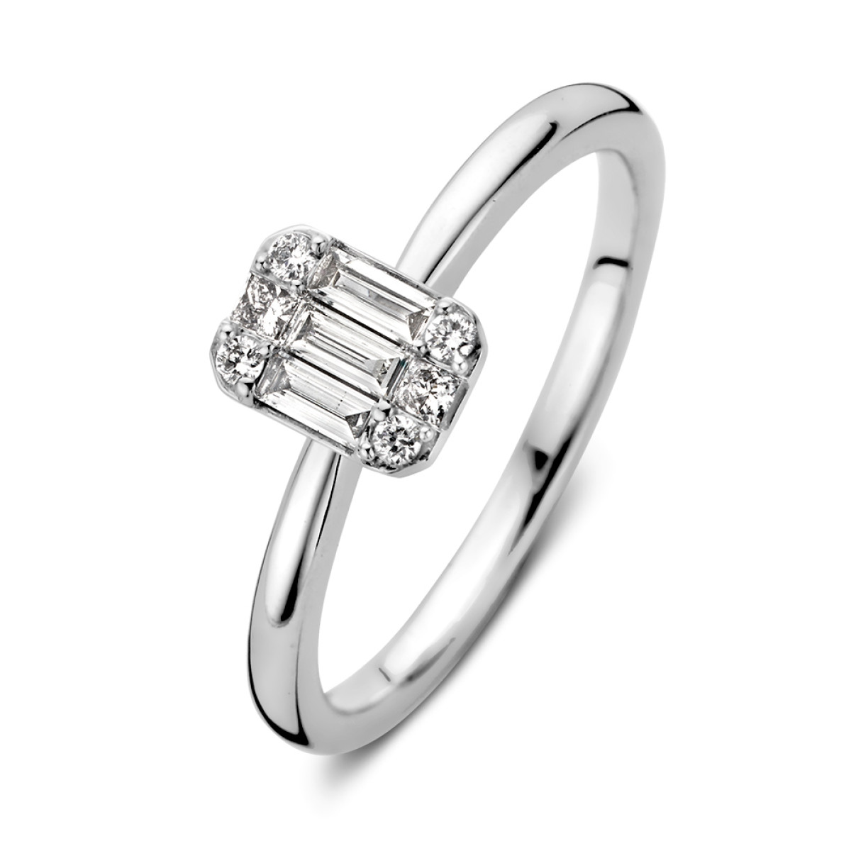 Witgouden ring baguette en briljant geslepen diamant 0.26 crt.