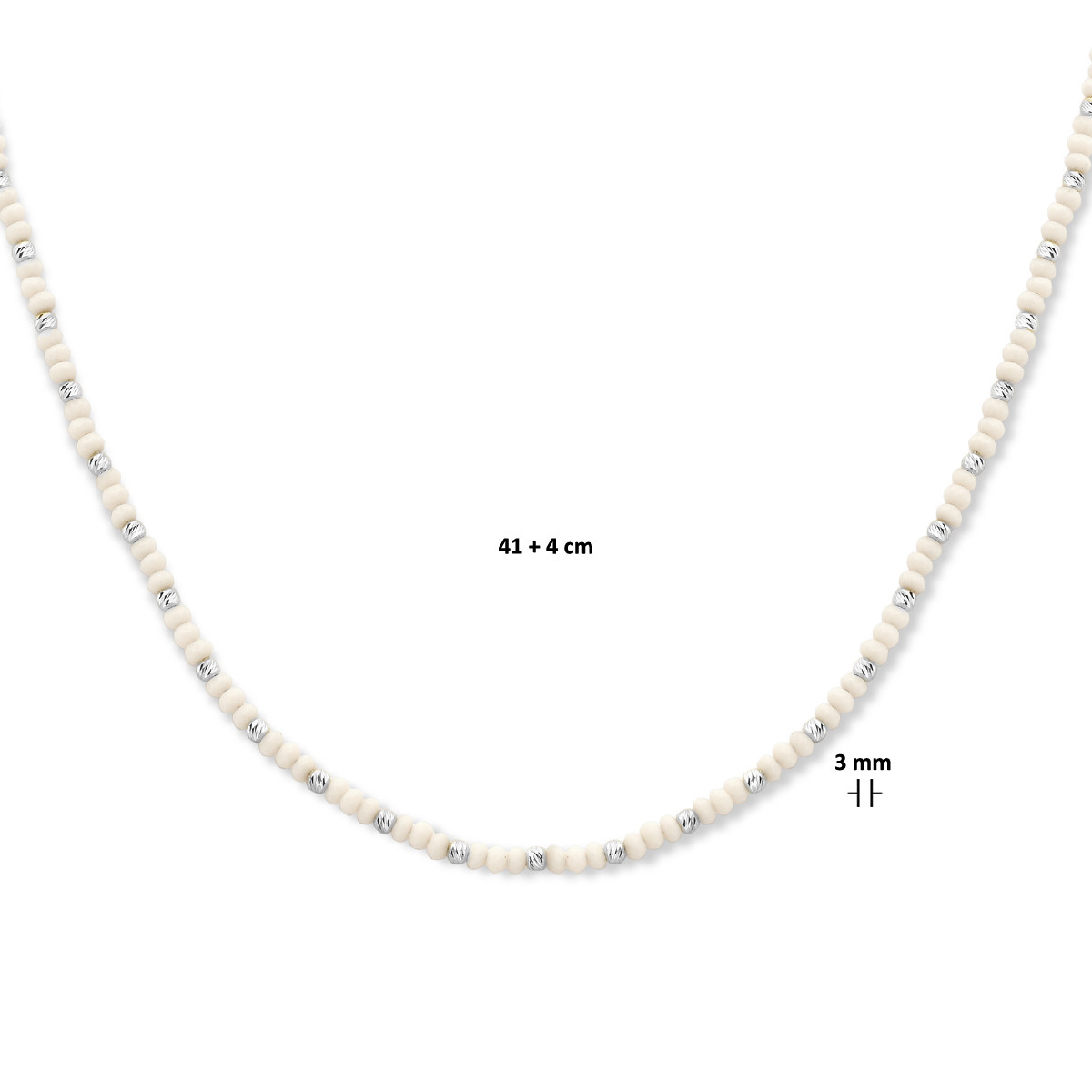 Witte ketting met zilveren bolletjes gediamanteerd 3 mm breed - Lengte 41-45 cm