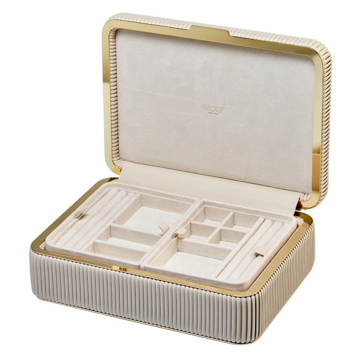 WOLF1834 Bella 781053 medium beige sieradendoos van vegan leer geribbeld patroon